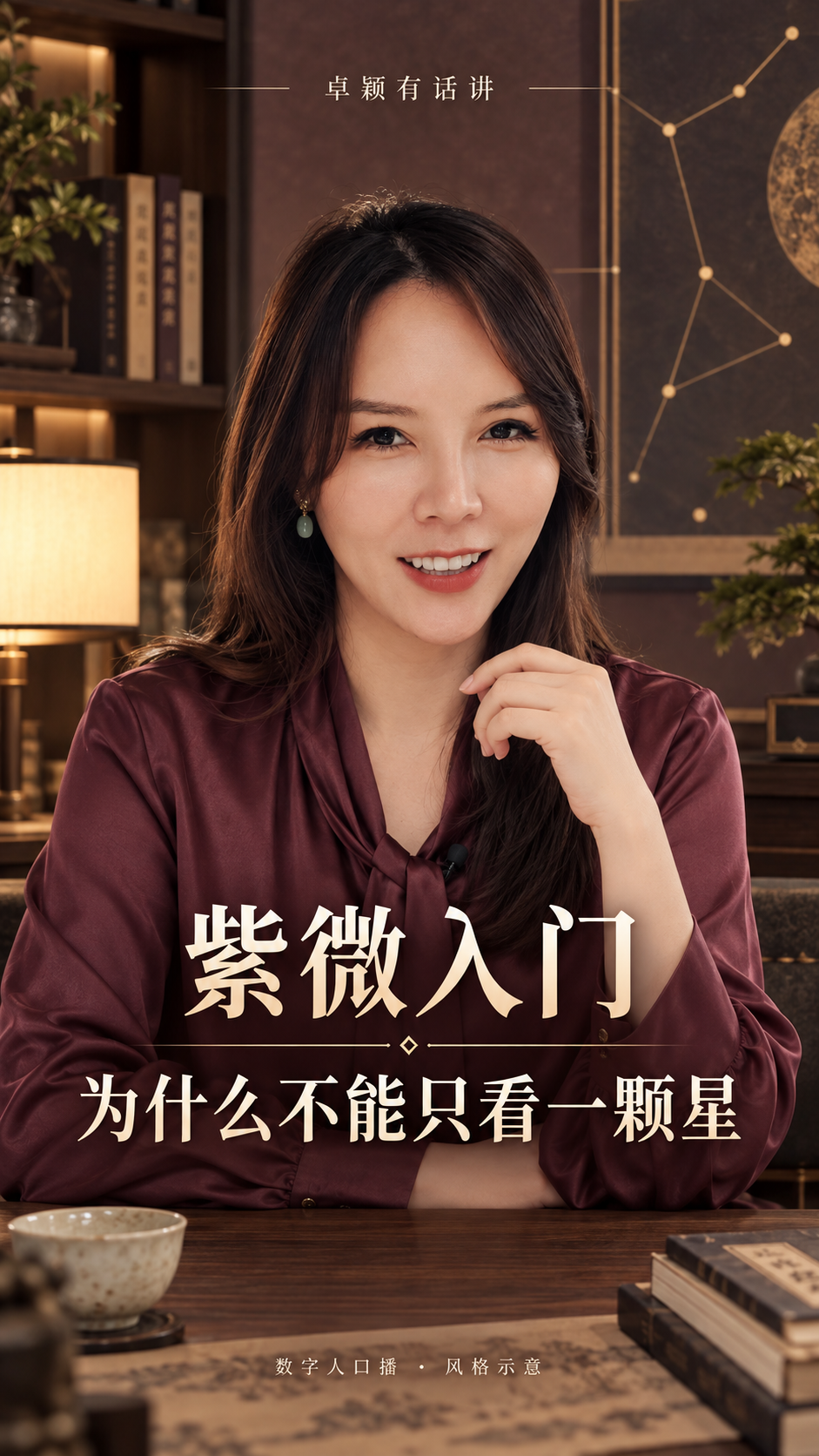 玄学号数字人口播风格:深梅紫东方书房与简洁标题